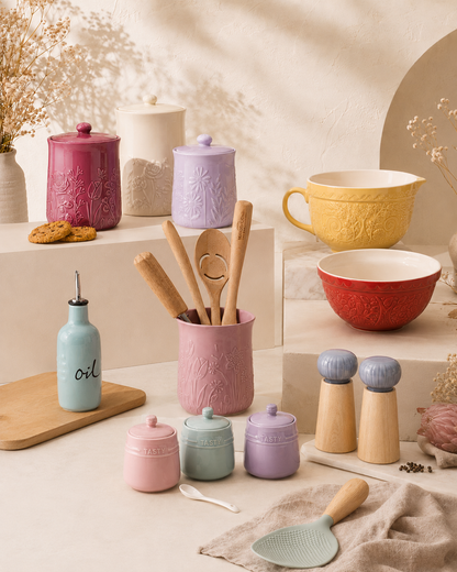 Ceramic Spice Container Pink with Spoon