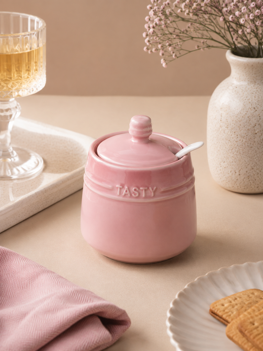 Ceramic Spice Container Pink with Spoon
